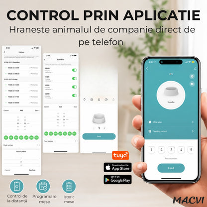 Dozator Automat Hrana Animale Macvi® 6L Conectare Baterii(neincluse) sau Priza, Control din Telefon, WiFi, Vas Inox, Programare Mese pentru Caini si Pisici