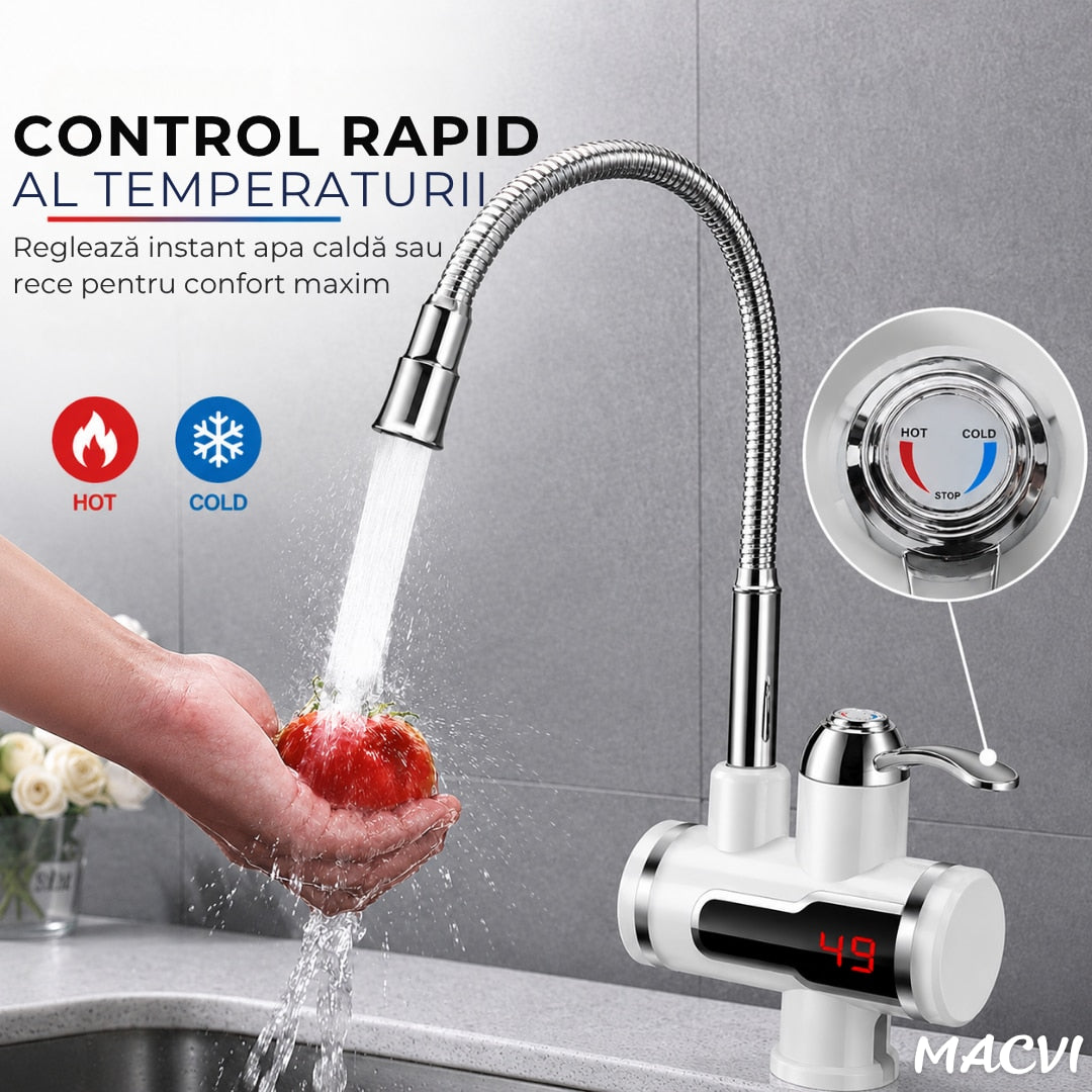 Robinet Electric Instant Macvi® 3000W, Incalzire Apa in 3-5 Secunde, Display LCD Temperatura, Pipa Flexibila 360°, Temperatura Reglabila 30-60°C, Protectie IPX4, Montare pe Chiuveta