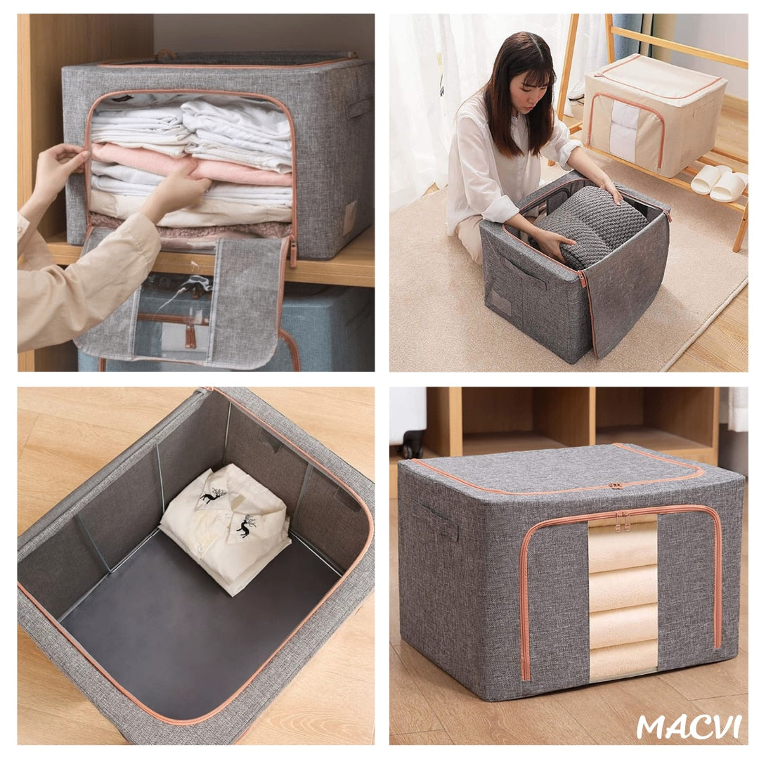 Organizator depozitare Macvi® 100 litri, cutie textila pliabila cu capac si fermoar, panou transparent pentru vizualizare si cadru metalic robust, ideala pentru haine voluminoase si depozitare