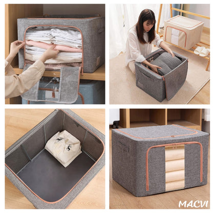 Organizator depozitare Macvi® 100 litri, cutie textila pliabila cu capac si fermoar, panou transparent pentru vizualizare si cadru metalic robust, ideala pentru haine voluminoase si depozitare