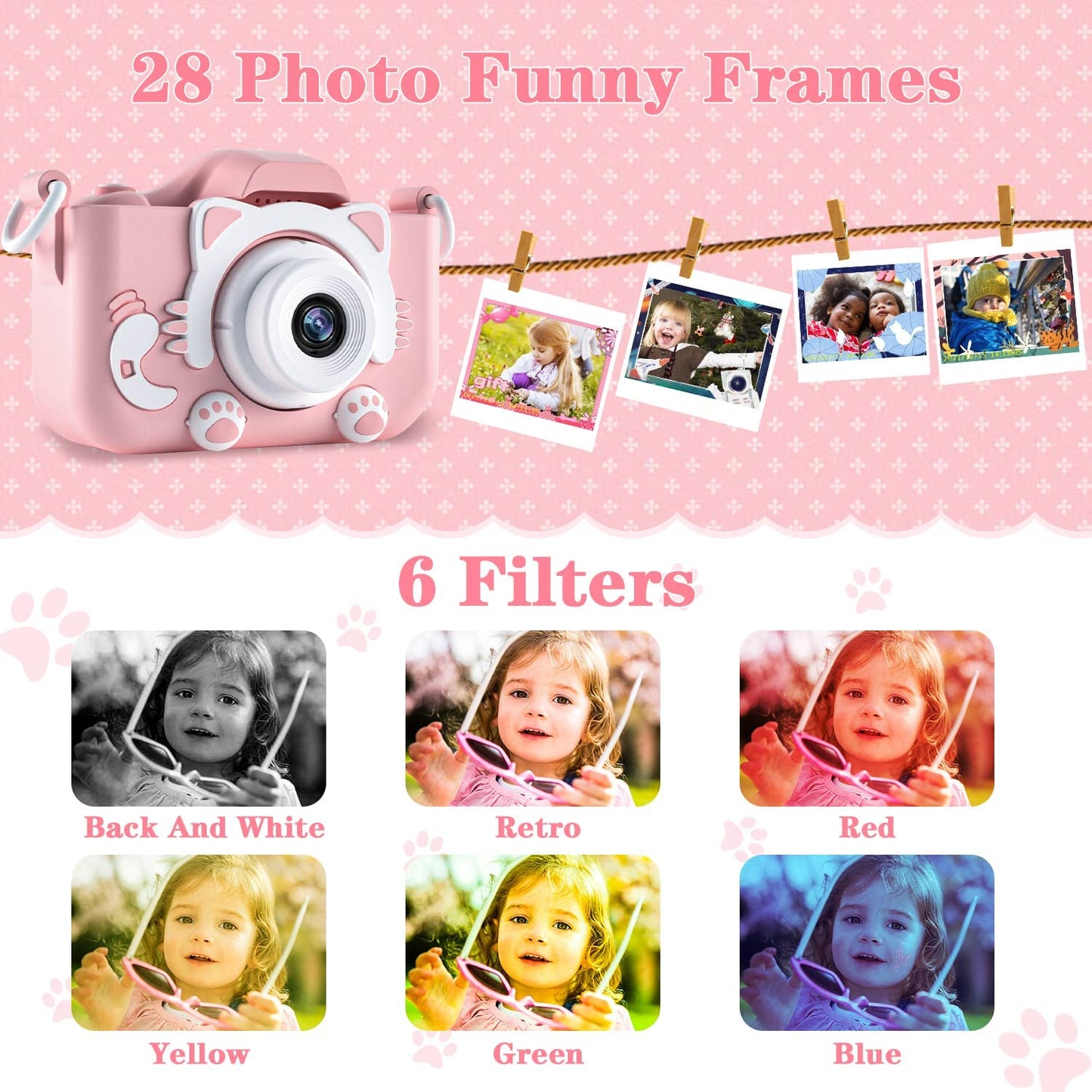 Camera Foto pentru Copii Macvi® 1080P HD 23MP 32GB Ecran 2 Inch Selfie Jocuri Roz