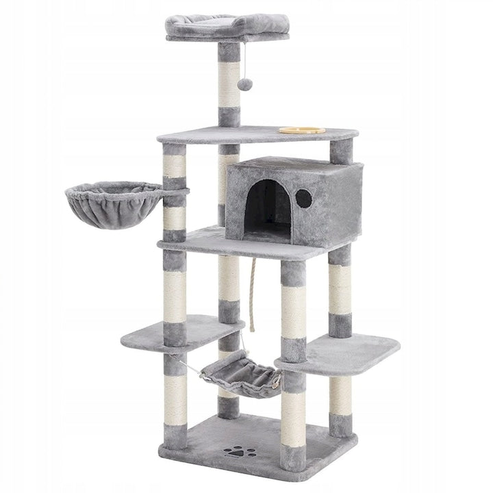 Ansamblu de Joaca pentru Pisici Teno®, tip turn,1 platforma de observatie, 4 niveluri, 1 casuta, scara, hamac, franghie si mingiuta de joaca, stalpi pentru zgariat, captuseala extra moale, structura stabila, 164 cm, gri deschis