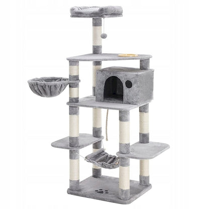 Ansamblu de Joaca pentru Pisici Teno®, tip turn,1 platforma de observatie, 4 niveluri, 1 casuta, scara, hamac, franghie si mingiuta de joaca, stalpi pentru zgariat, captuseala extra moale, structura stabila, 164 cm, gri deschis