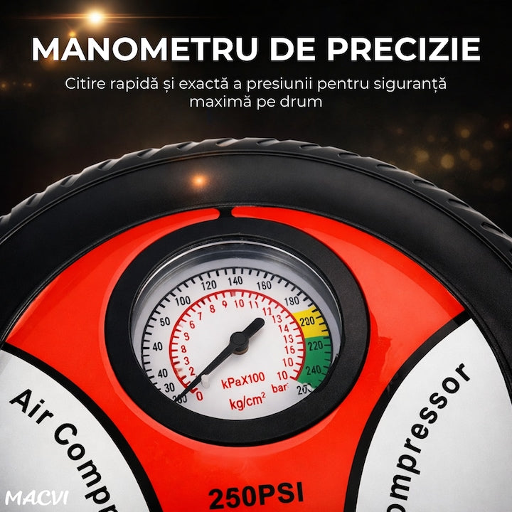 Compresor Auto Macvi® Forma Anvelopa Alimentare Bricheta 12V 260PSI 90W cu Manometru si Set Capete