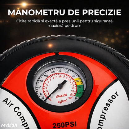 Compresor Auto Macvi® Forma Anvelopa Alimentare Bricheta 12V 260PSI 90W cu Manometru si Set Capete