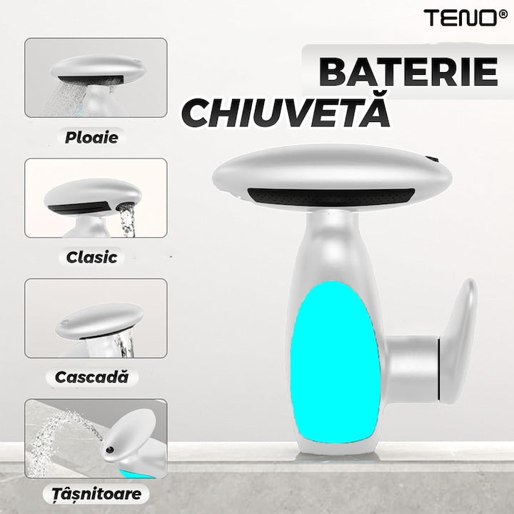 Baterie Chiuveta Baie Premium Teno®, 4 tipuri de jet, iluminare LED, cartus ceramic, cap retractabil, rezistenta la rugina si coroziune, accesorii incluse, alb