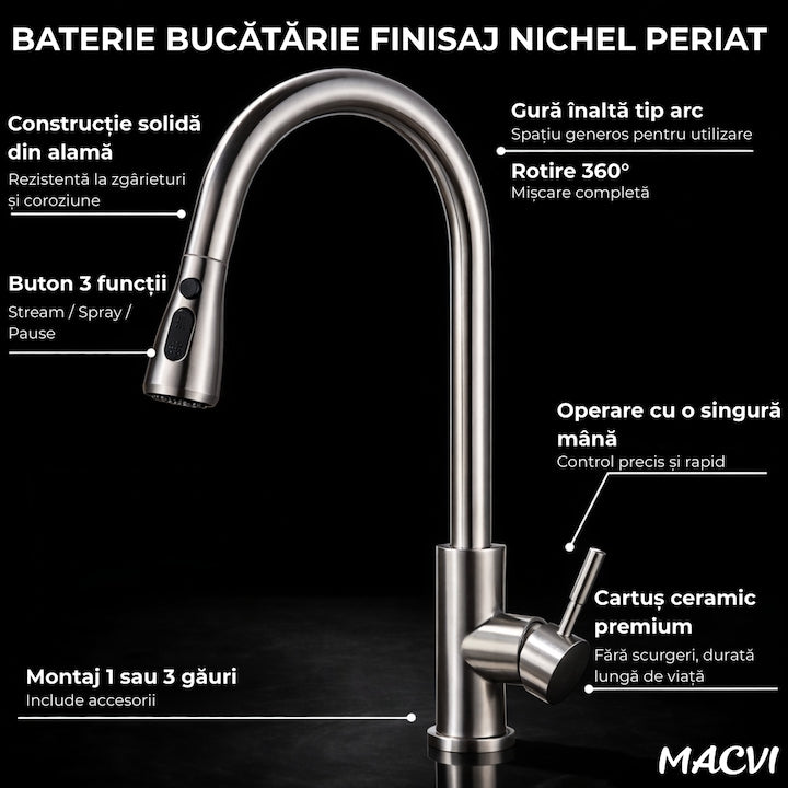 Baterie chiuveta bucatarie Macvi® Premium dus extractabil pipa inalta rotire 360 cartus ceramic 2 functii jet buton ON OFF racorduri incluse inox mat argintiu