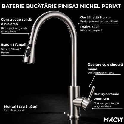 Baterie chiuveta bucatarie Macvi® Premium dus extractabil pipa inalta rotire 360 cartus ceramic 2 functii jet buton ON OFF racorduri incluse inox mat argintiu