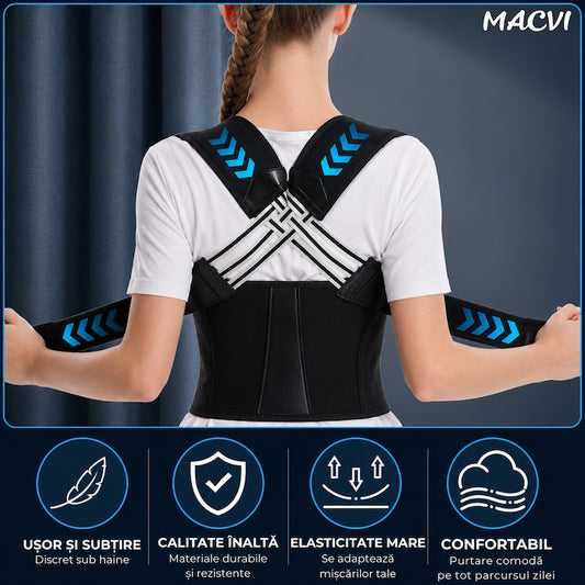 Corector Postura Macvi® 2 in 1 pentru Spate si Coloana, Centura Reglabila cu Bretele, Sustinere Lombara si Umeri, Reduce Disconfortul la Gat si Spate, Material Respirabil, Unisex, Negru, Marimea L