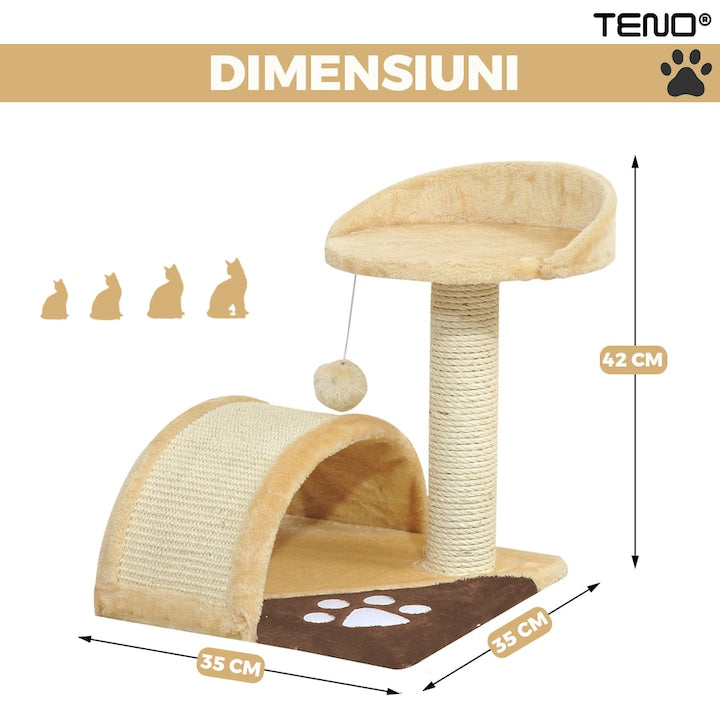 Ansamblu de Joaca pentru Pisici Teno®, 1 nivel, loc de relaxare, franghie si minge de joaca, stalpi pentru zgariat, captuseala extra moale, structura stabila, 42 cm, crem