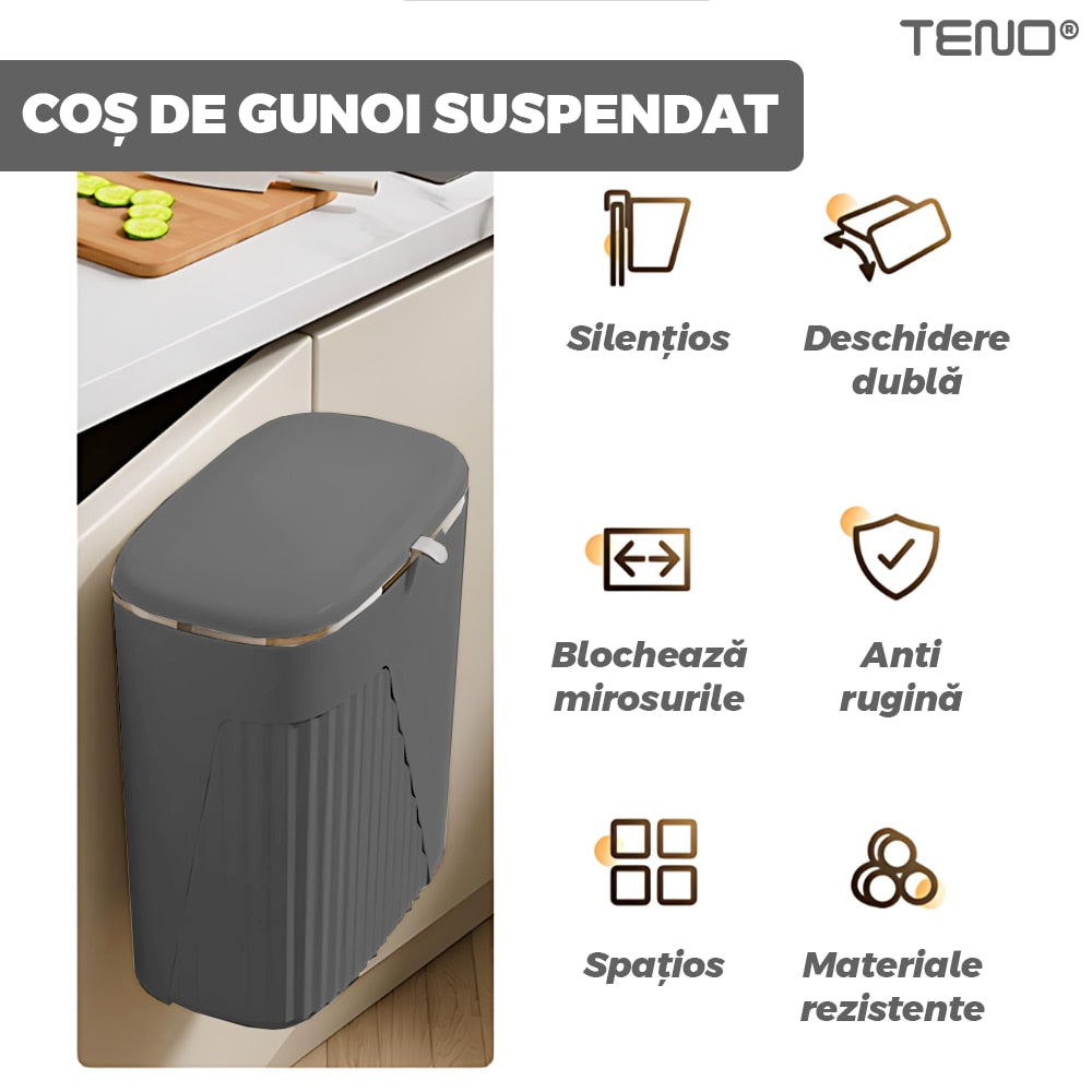 Cos de Gunoi Suspendat Teno, design modern, capac retractabil, gri, 9 L