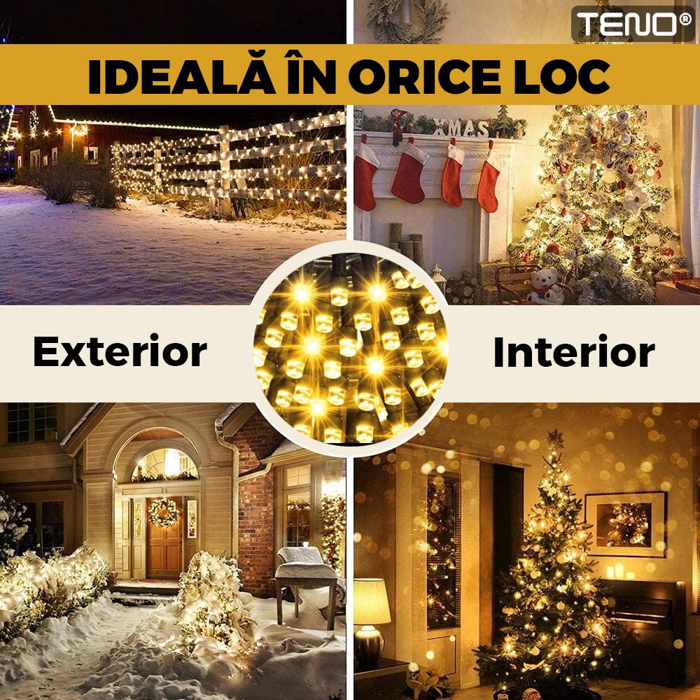 Instalatie de Craciun Liniara cu Panou Solar Teno®, 10 m, 8 jocuri de lumini, alimentare la priza, fir verde, interior/exterior, rezistenta la apa, 100 LED-uri, alb cald