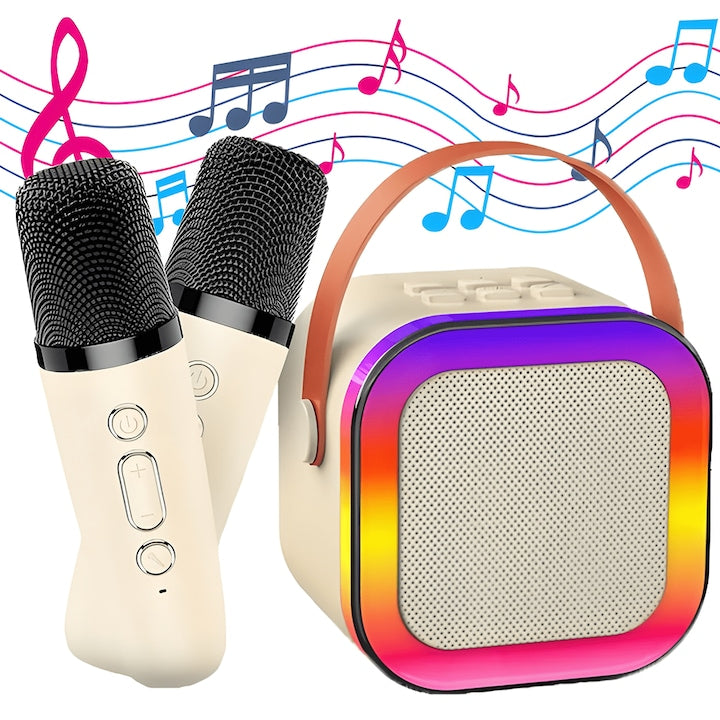 Boxa Portabila Teno®, karaoke, 2 microfoane, 4 porturi, wireless, RBG, Bej