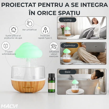 Umidificator si Difuzor Aromaterapie Macvi® Nor de Ploaie, 7 Culori LED, Sunet Relaxant, USB, 400 ml
