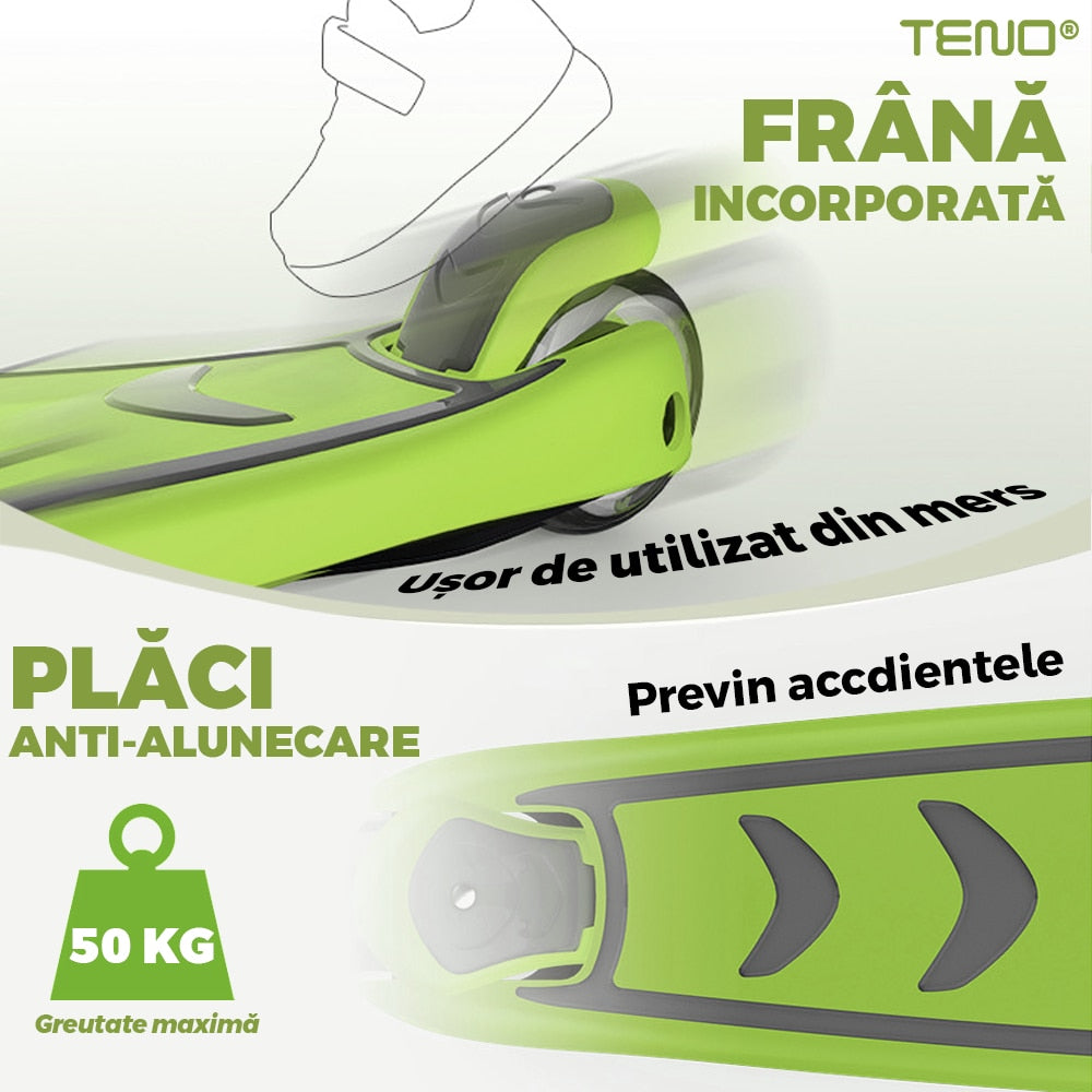 Trotineta pentru Copii cu Lumini Teno®, 3 roti, pliabila, anti-aluncare, inaltime ajustabila, stabila, frana, incorporata, 3-11 ani, verde
