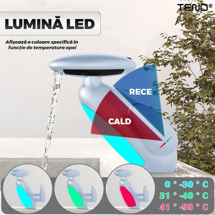 Baterie Chiuveta Baie Premium Teno®, 4 tipuri de jet, iluminare LED, cartus ceramic, cap retractabil, rezistenta la rugina si coroziune, accesorii incluse, alb