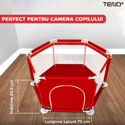Tarc/Loc de Joaca pentru Copii Teno®, usa cu fermoar exterior, plasa, materiale calitative, usor de montat, dimensiuni 125x110x65.5, rosu