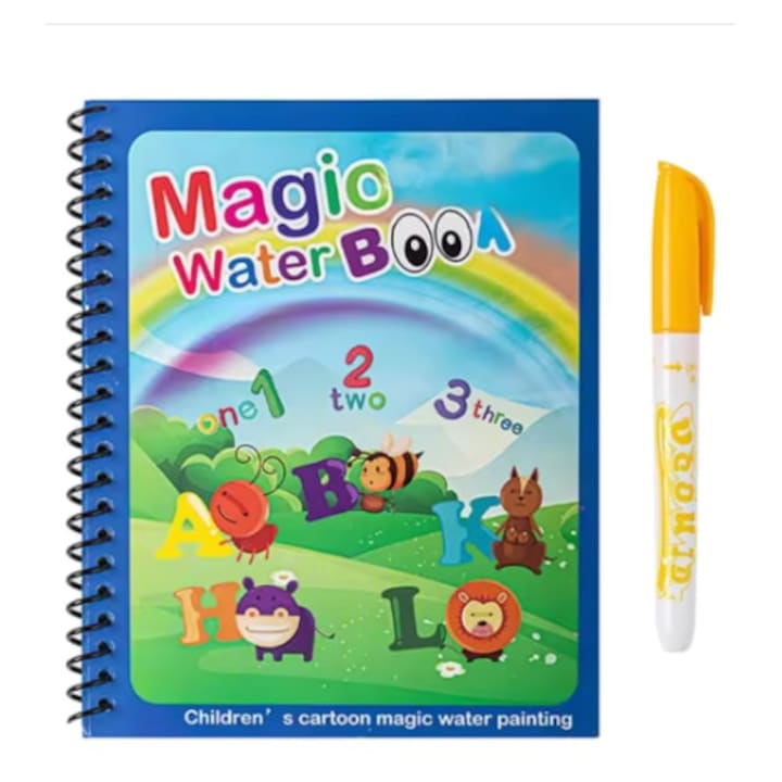 Carte de colorat reutilizabila Macvi Magic Book, 8 pagini interactive cu alfabet si cifre, cu pix cu apa, 3 ani+