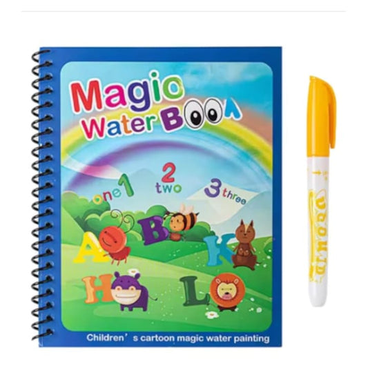 Carte de colorat reutilizabila Macvi Magic Book, 8 pagini interactive cu alfabet si cifre, cu pix cu apa, 3 ani+