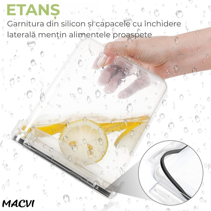 Set 7 organizatoare/recipiente Macvi® pentru depozitare alimente, etichete incluse, organizare bucatarie, capac etans, plastic fara BPA