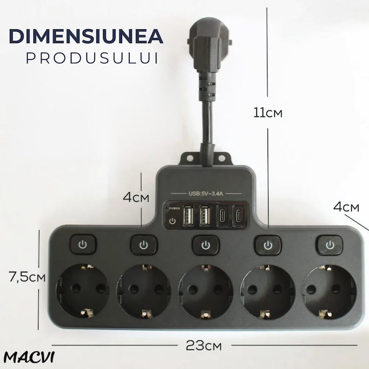 Multipriza Macvi cu 4 prize Schuko, 4 porturi USB, control individual, 4000W, extensie electrica pentru birou si acasa