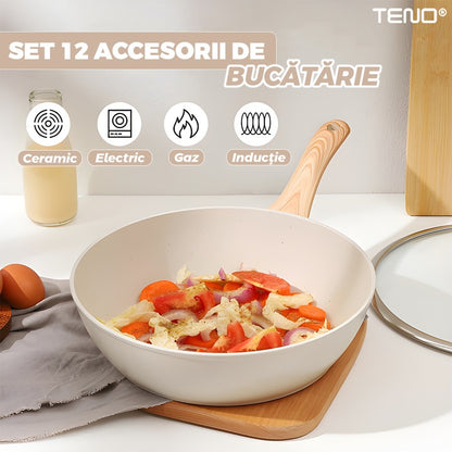 Set 12 Piese Oale si Tigai Teno, antiaderente, bej, compatibile cu toate tipurile de plite