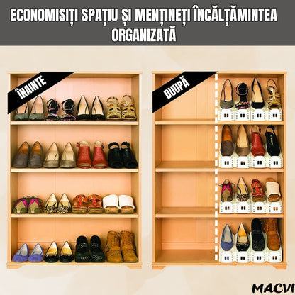 Set 10 Organizatoare pantofi reglabile Macvi®, suport bej pentru incaltaminte, dublare spatiu depozitare, design stabil si antialunecare