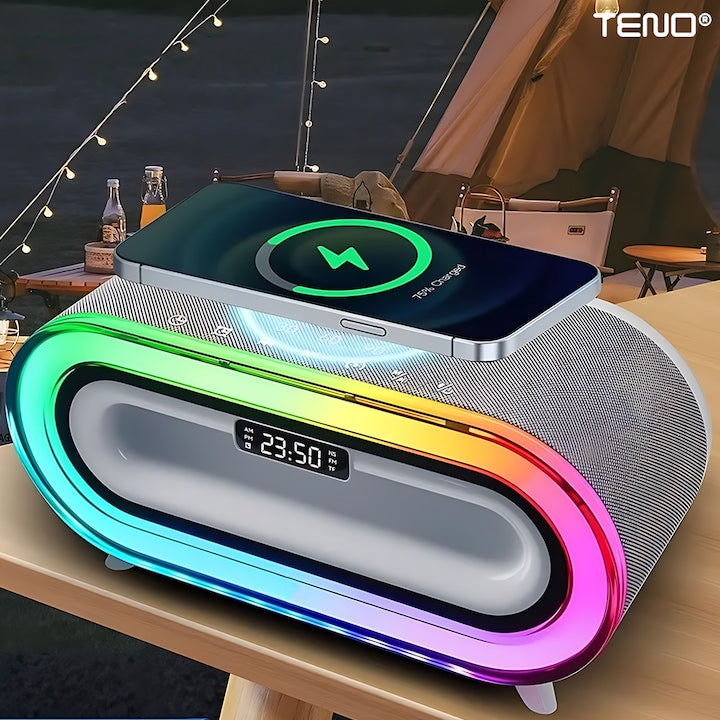 Boxa Multifunctionala 3 in 1 Teno®, lampa LED RGB, incarcator de gadgeturi wireless, functie de radio, 4 porturi integrate, design modern, alb