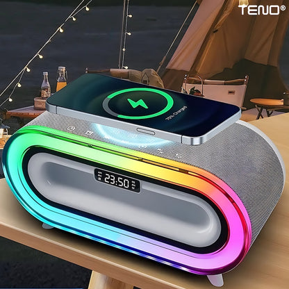 Boxa Multifunctionala 3 in 1 Teno®, lampa LED RGB, incarcator de gadgeturi wireless, functie de radio, 4 porturi integrate, design modern, alb