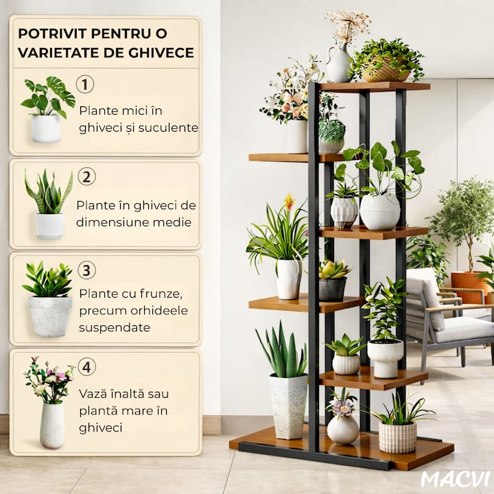 Suport plante Macvi® tip etajera asimetrica cu 6 rafturi, structura metalica rezistenta, rafturi lemn, suport flori interior, design modern pentru living balcon birou, 60x21.6x123 cm