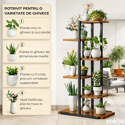 Suport plante Macvi® tip etajera asimetrica cu 6 rafturi, structura metalica rezistenta, rafturi lemn, suport flori interior, design modern pentru living balcon birou, 60x21.6x123 cm