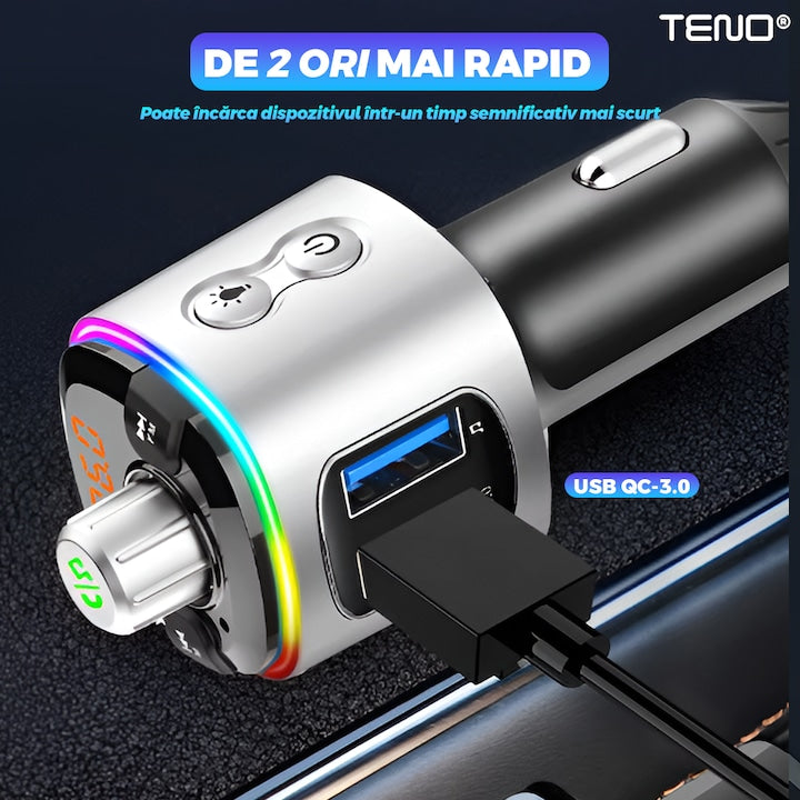 Modulator Auto FM, Teno, Bluetooth 5.0, functie dubla incarcare, afisare voltaj baterie, gri
