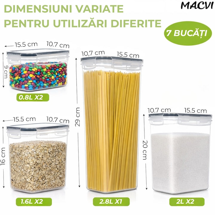 Set 7 organizatoare/recipiente Macvi® pentru depozitare alimente, etichete incluse, organizare bucatarie, capac etans, plastic fara BPA