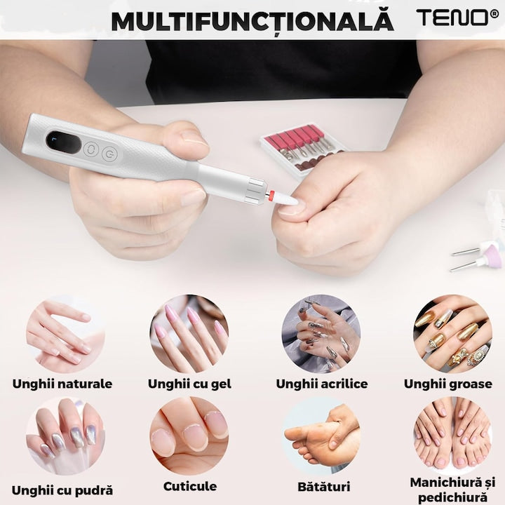 Pila Electrica Profesionala pentru Unghii Teno®, freza wireless, 18000 RPM, ecran LED, manichiura-pedichiura, 12 capete pentru pila, 36 benzi de slefurie, portabila, alba