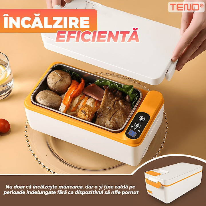Cutie de Pranz Electrica Teno®, cu incalzitor portabil, otel inoxidabil, pentru adulti, birou, rezistenta, termoizolanta, afisaj digital, alb