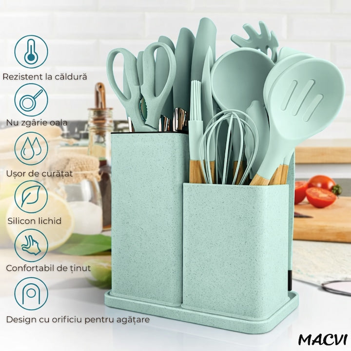 Set ustensile Macvi® bucatarie silicon premium 19 piese cu suport organizare cutite tocator linguri spatule fara BPA rezistente la temperaturi ridicate verde menta