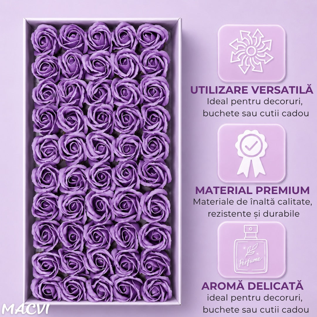 Set 50 trandafiri din sapun, 5x5 cm, calitate premium, decor si cadou elegant, Mov lavanda