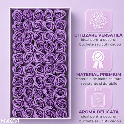 Set 50 trandafiri din sapun, 5x5 cm, calitate premium, decor si cadou elegant, Mov lavanda
