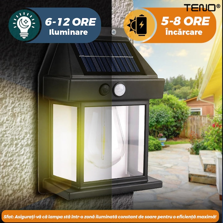 Lampa Solara de Perete LED Tip Felinar Teno®, senzor de miscare 5-8 metri, fara fir, 3 moduri de iluminare, protectie IP65, Waterproof, exterior, negru
