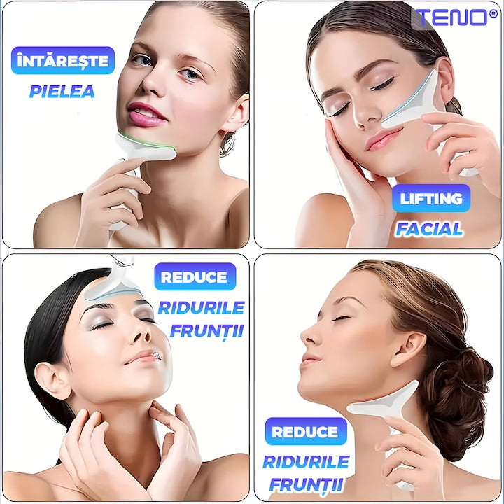 Dispozitiv Facial pentru Elinimarea Ridurilor Teno®, ingrijirea gatului, lifting, stimulare EMS, antirid, tratament LED,3 moduri de culoare, functie de incalzire, masaj, alb