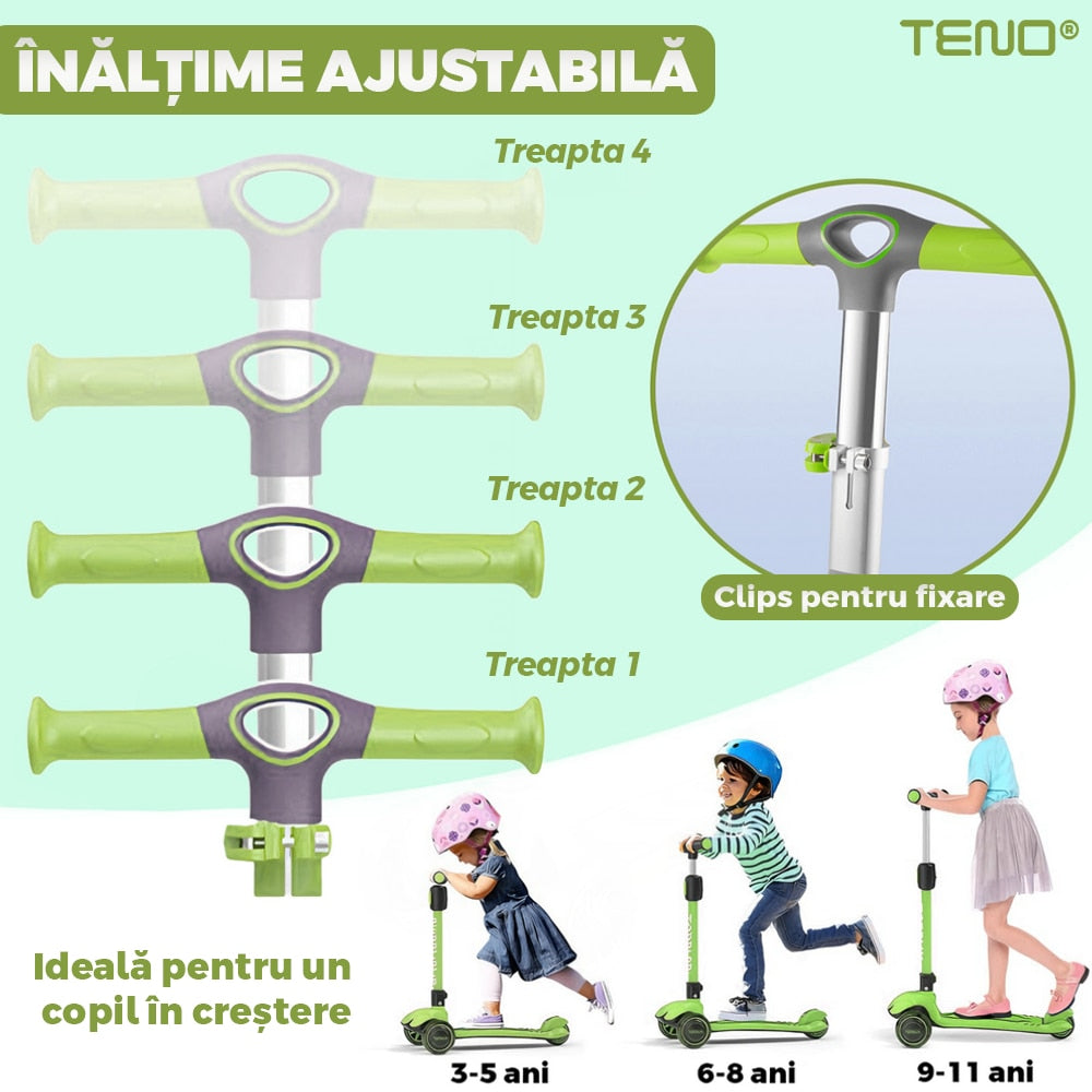 Trotineta pentru Copii cu Lumini Teno®, 3 roti, pliabila, anti-aluncare, inaltime ajustabila, stabila, frana, incorporata, 3-11 ani, verde