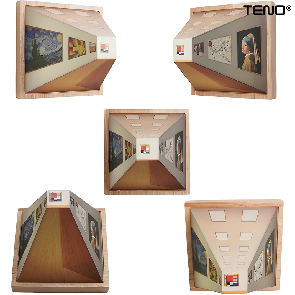 Tablou Iluzie Teno®, picturi celebre, design 3D, diverse perspective, rama din lemn, lumini LED, naked eye, 19 x 19 x 15 cm, maro