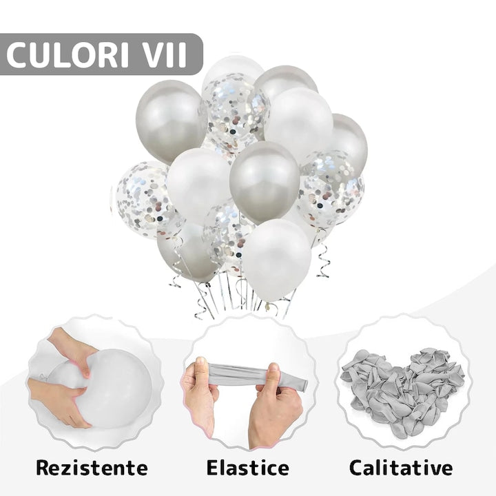 Set 15 Baloane Teno®, Confeti, pentru Petreceri/Aniversari/Evenimente, o singura dimensiune, 3 culori, latex, argintiu/alb/transparent