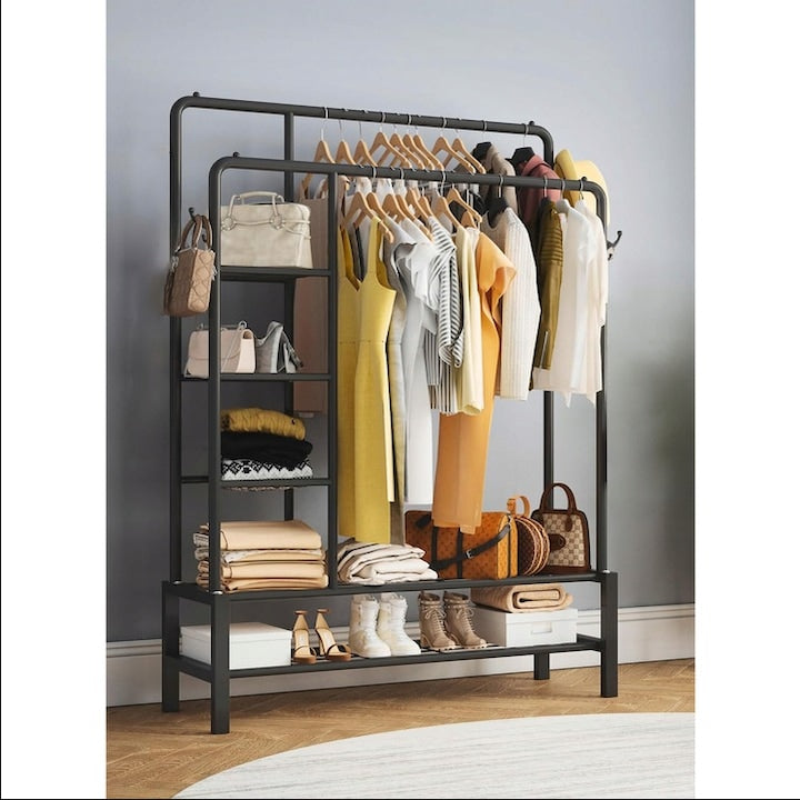 Cuier pentru Haine Macvi®, Suport Haine XXL 160 x 160 cm, Structura Metalica Ranforsata, Rafturi pentru Pantofi si Depozitare, Negru