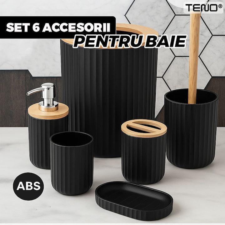 Set 6 Accesorii de Baie Teno®, dispenser de sapun, suport de periute, perie de toaleta, suport sapun, cos de gunoi, detalii din bambus, materiale rezistente, design minimalist, striatii, negru