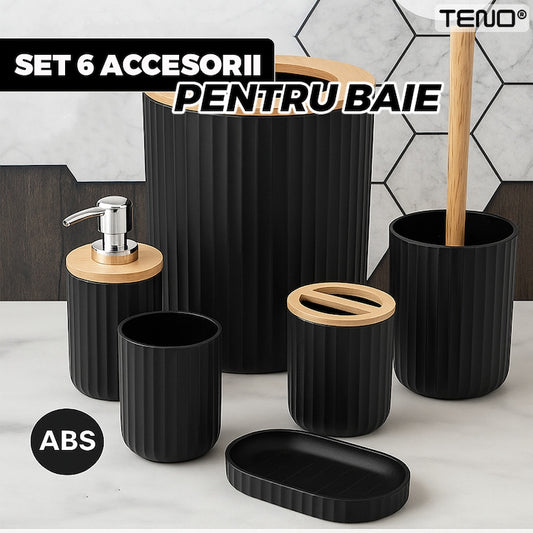 Set 6 Accesorii de Baie Teno®, dispenser de sapun, suport de periute, perie de toaleta, suport sapun, cos de gunoi, detalii din bambus, materiale rezistente, design minimalist, striatii, negru