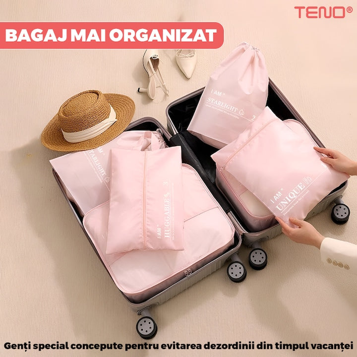 Set 6 Organizatoare Teno®, pentru calatorie, diferite marimi, bagaj de voiaj, valiza, troler, genti, haine, accesorii, inchidere cu fermoar dublu, plasa, roz