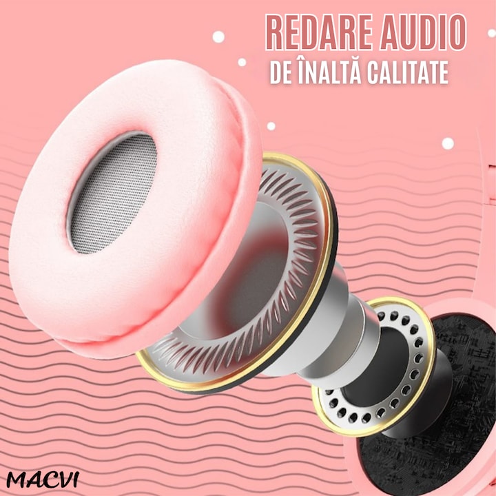 Casti stereo wireless Macvi® P47, urechi pisica, Bluetooth 5.0, radio FM, reducere zgomot, pliabile, slot card, roz