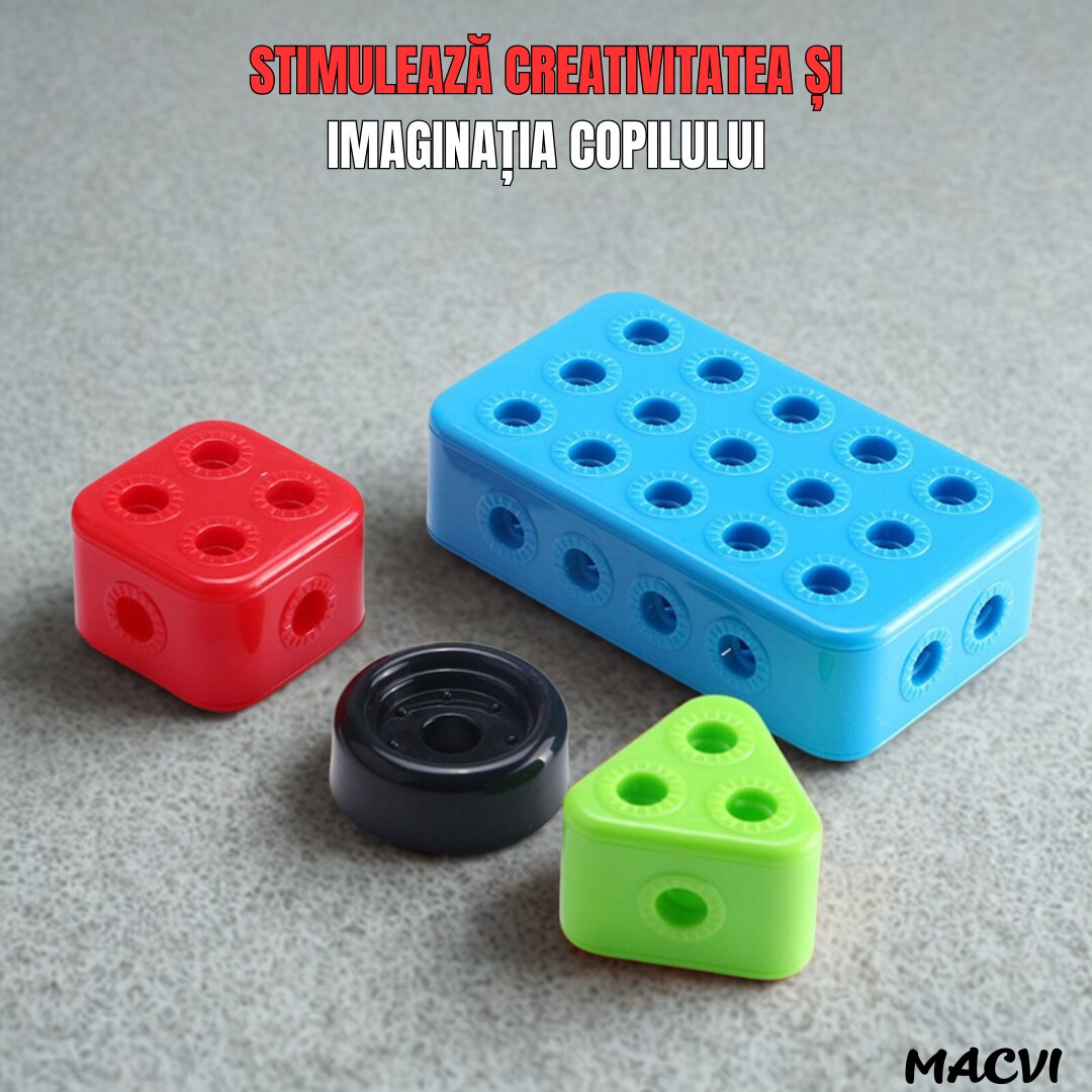 Jucarie educativa si interactiva Macvi® Set Constructie 404 Piese Puzzle 3D STEM, Cu Surubelnita Electrica, Multicolor, Pentru Copii 6+ Ani