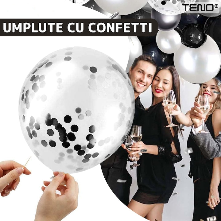 Set 10 Baloane Teno®, Confeti, pentru Petreceri/Aniversari/Evenimente, o singura dimensiune, 2 culori, latex, negru